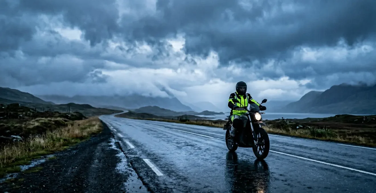 Motorcycle rider wearing high-visibility gear in overcast conditions on a road