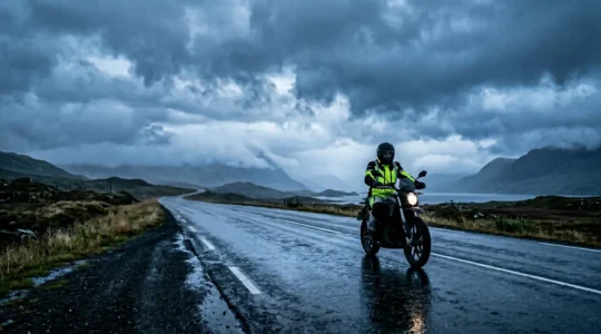 Motorcycle rider wearing high-visibility gear in overcast conditions on a road