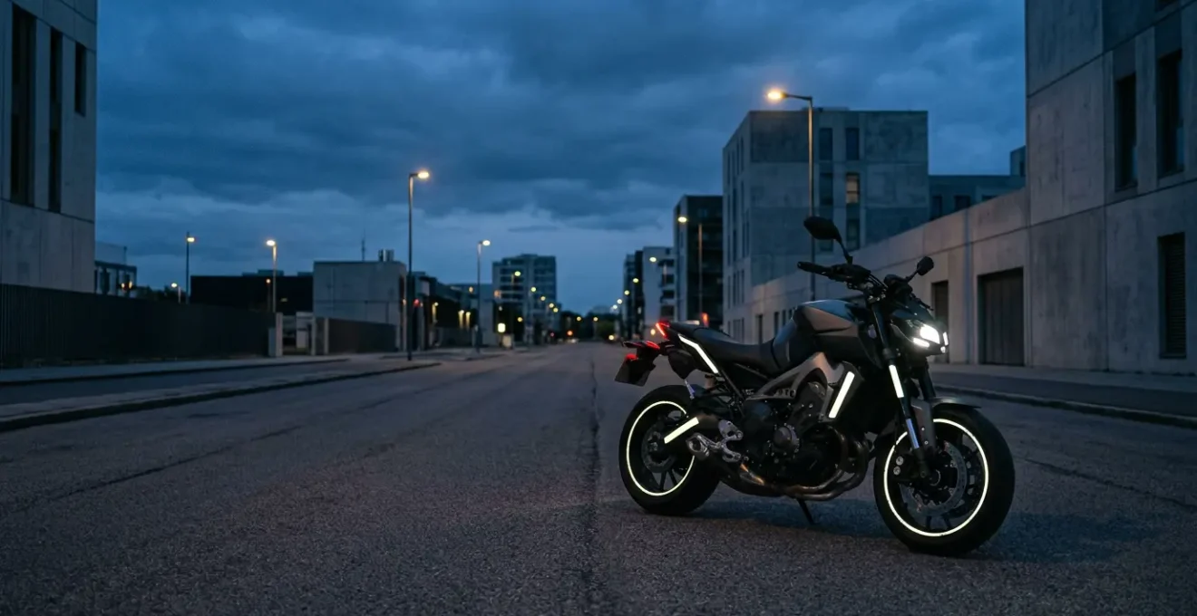 Motorcycle equipped with enhanced lighting and reflective safety elements for maximum nighttime visibility