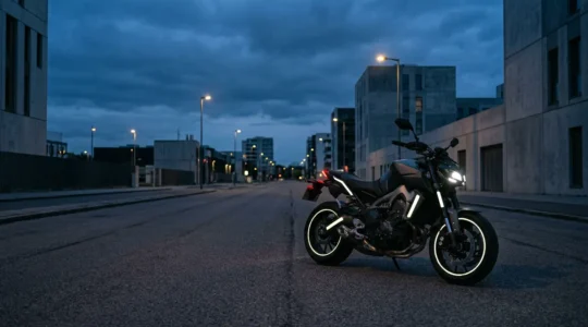 Motorcycle equipped with enhanced lighting and reflective safety elements for maximum nighttime visibility