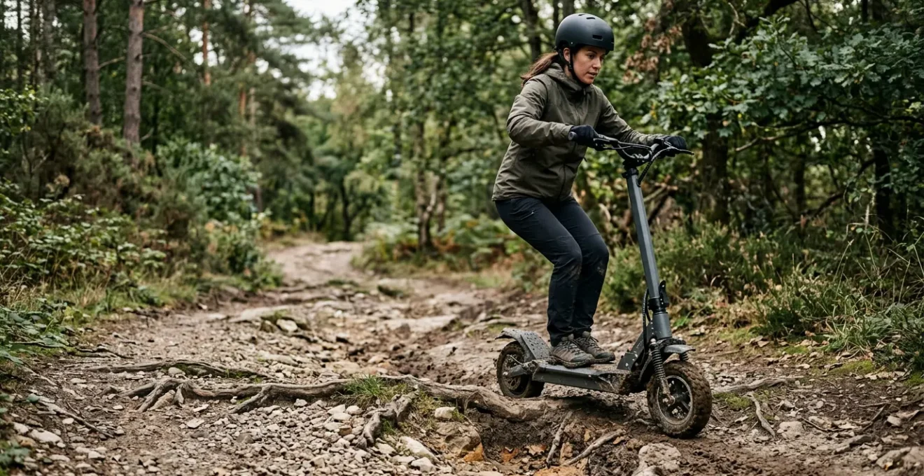 Electric scooter rider navigating rough outdoor terrain with focus on balance and control