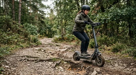 Electric scooter rider navigating rough outdoor terrain with focus on balance and control