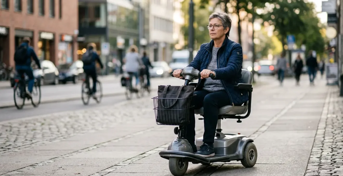 Daily scooter rider demonstrating proper orthopedic posture and ergonomic positioning for spinal health