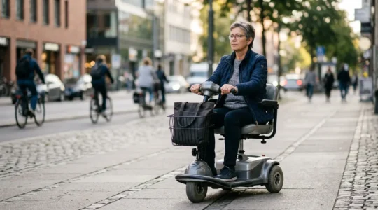 Daily scooter rider demonstrating proper orthopedic posture and ergonomic positioning for spinal health