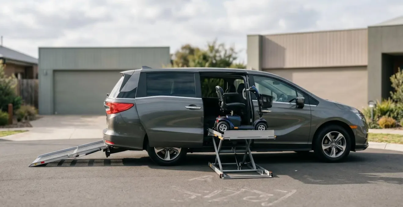 Side-by-side comparison of under-floor platform lift and fold-out ramp systems on modern accessible van exterior