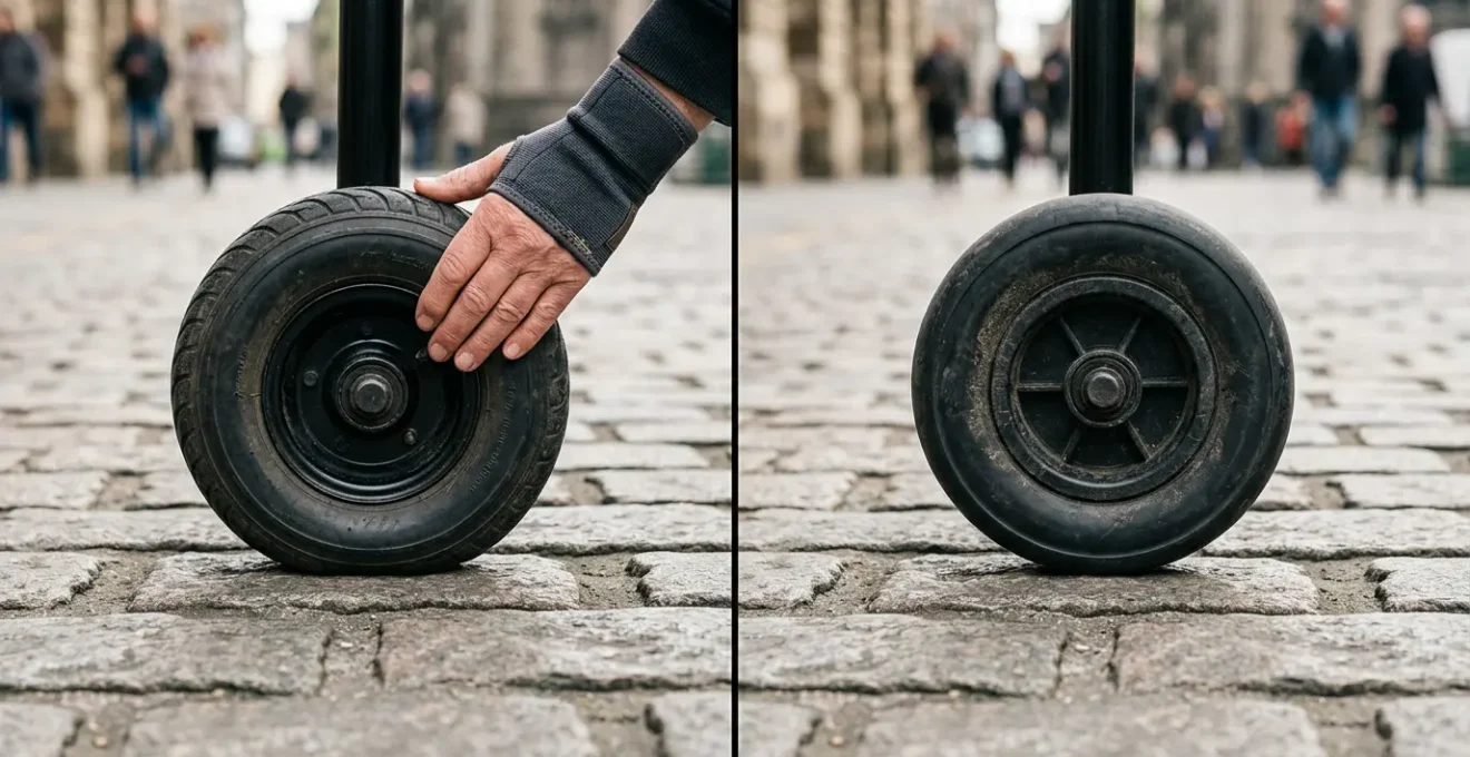 Close-up comparison showing the difference in shock absorption between pneumatic and solid tire systems for mobility scooter users with arthritis