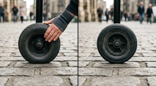 Close-up comparison showing the difference in shock absorption between pneumatic and solid tire systems for mobility scooter users with arthritis