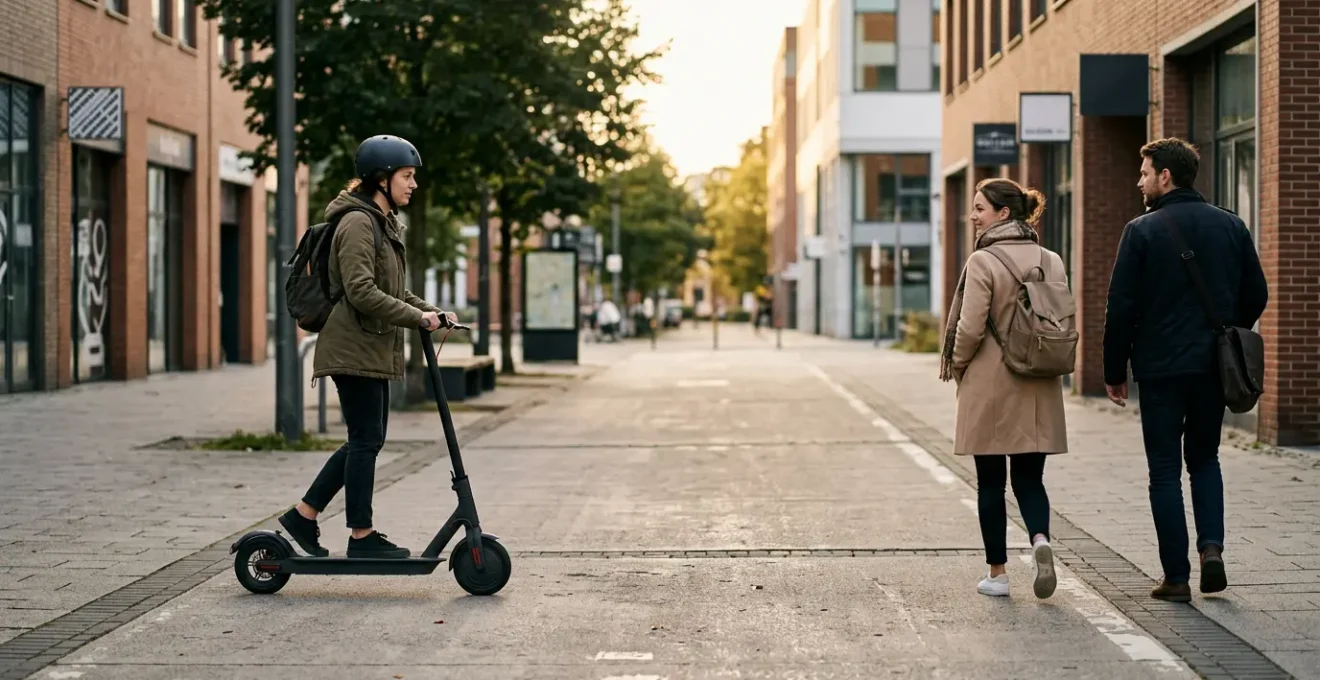 Electric scooter rider approaching pedestrians on shared pavement demonstrating courteous urban etiquette