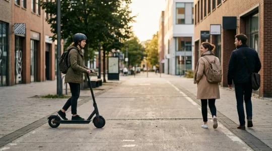 Electric scooter rider approaching pedestrians on shared pavement demonstrating courteous urban etiquette