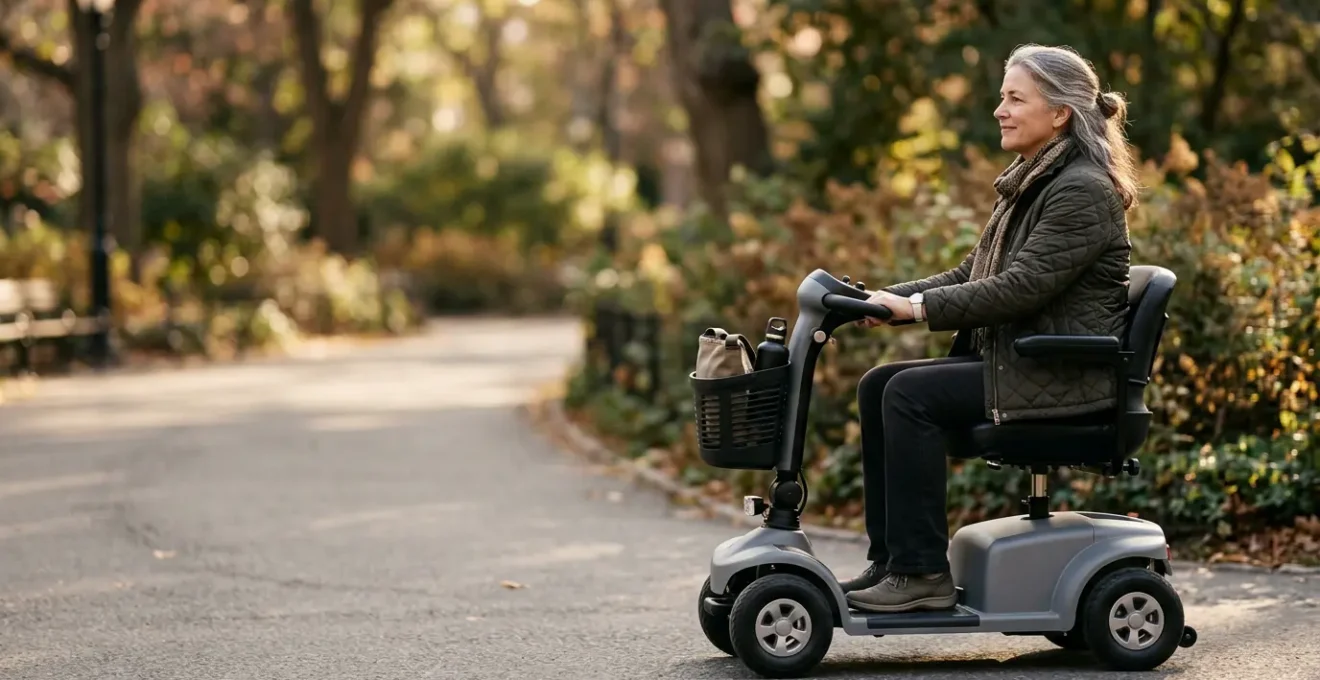 Mobility scooter rider demonstrating proper posture and ergonomic seating position for spinal health
