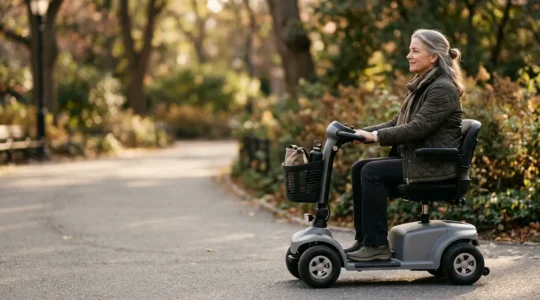 Mobility scooter rider demonstrating proper posture and ergonomic seating position for spinal health