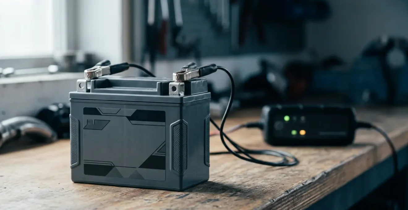 Professional editorial photograph showing battery maintenance concept with natural lighting and clean composition