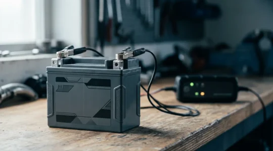 Professional editorial photograph showing battery maintenance concept with natural lighting and clean composition