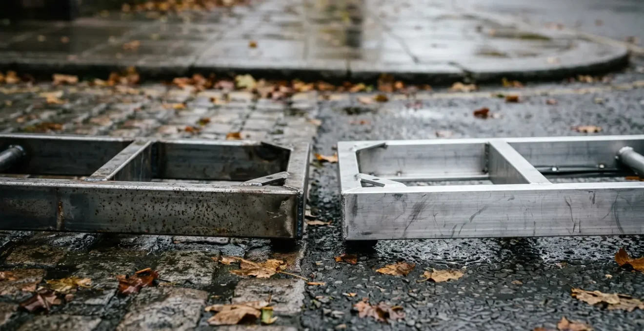 Close-up comparison of steel and aluminum mobility scooter chassis components on weathered UK pavement