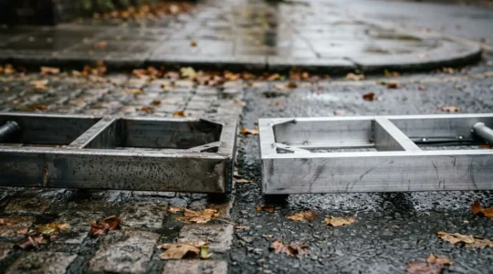 Close-up comparison of steel and aluminum mobility scooter chassis components on weathered UK pavement