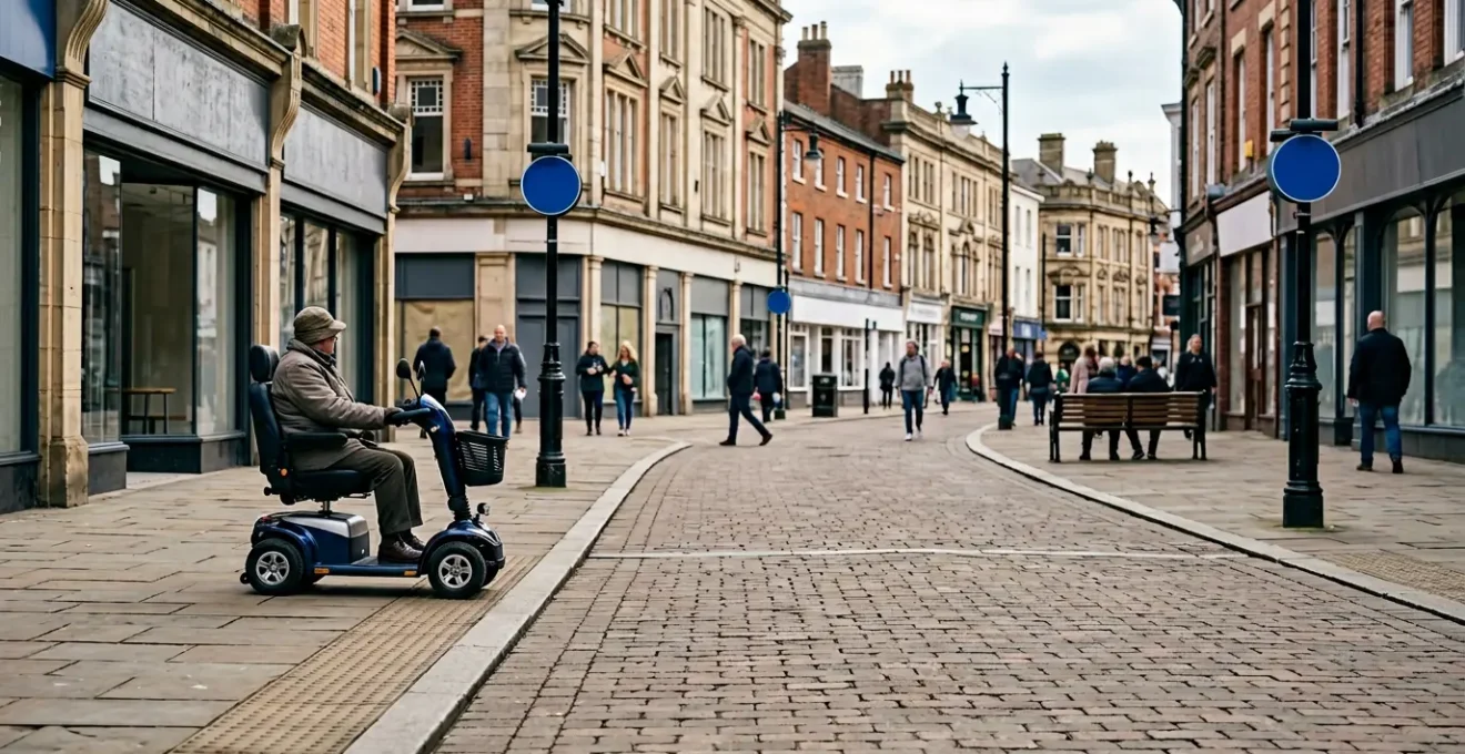 Mobility scooter user navigating a busy UK pedestrian zone with clear signage and accessible pathways