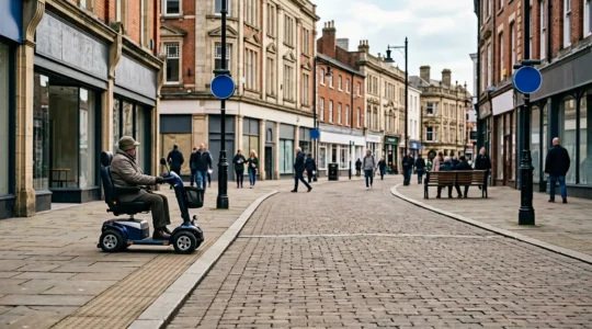Mobility scooter user navigating a busy UK pedestrian zone with clear signage and accessible pathways