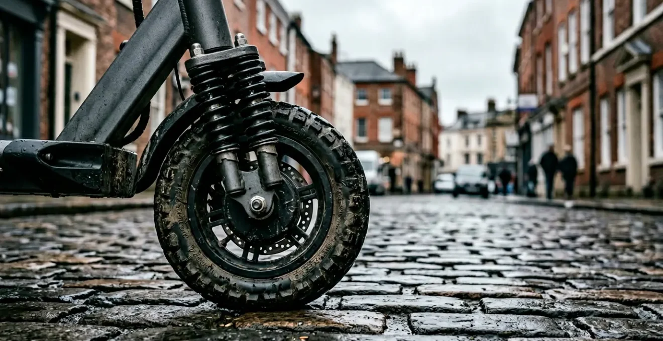 Electric scooter rider navigating cobblestone street showing suspension system in action