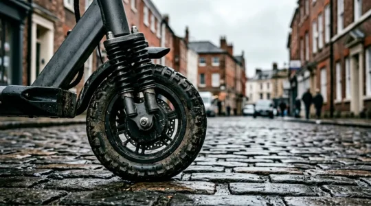 Electric scooter rider navigating cobblestone street showing suspension system in action
