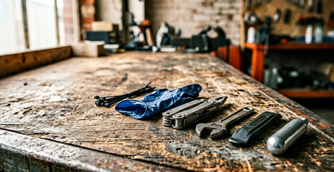 Professional on-board scooter maintenance toolkit with essential repair tools arranged on weathered surface