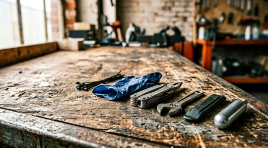 Professional on-board scooter maintenance toolkit with essential repair tools arranged on weathered surface