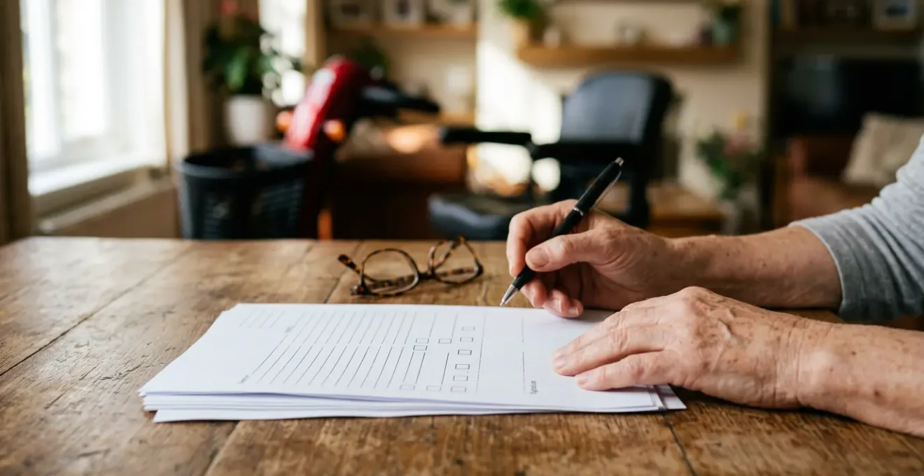 Hands completing official documentation with mobility scooter visible in soft background focus representing UK VAT relief process