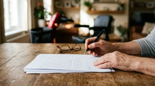 Hands completing official documentation with mobility scooter visible in soft background focus representing UK VAT relief process