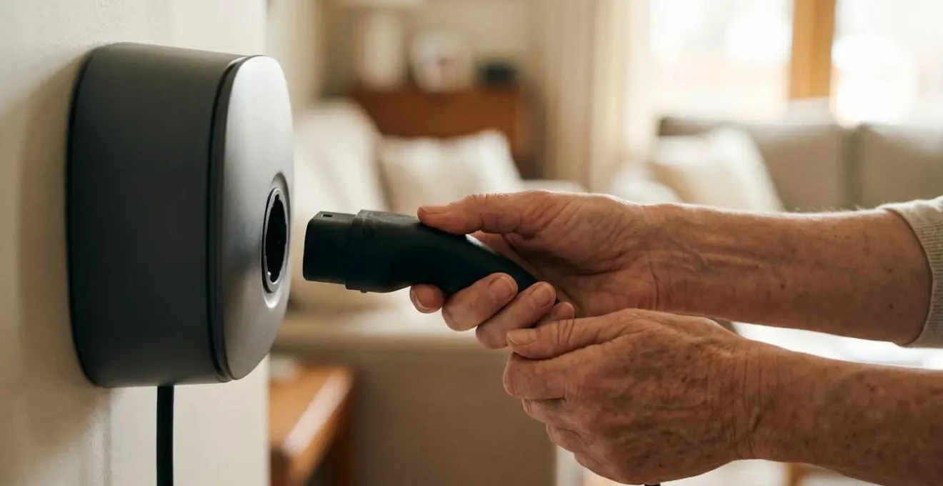 Ergonomic charging port positioned at accessible height showing user-friendly design for chronic fatigue users
