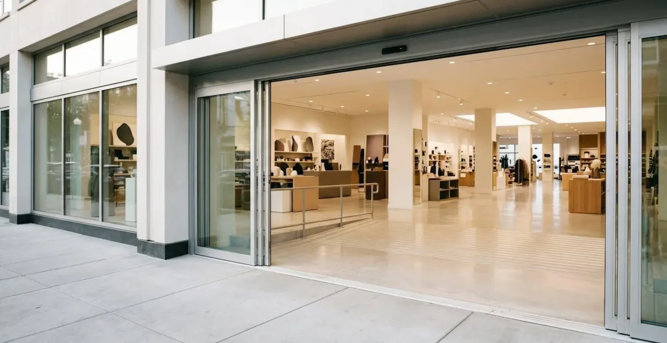 Wide accessible shop entrance with clear pathways and welcoming environment