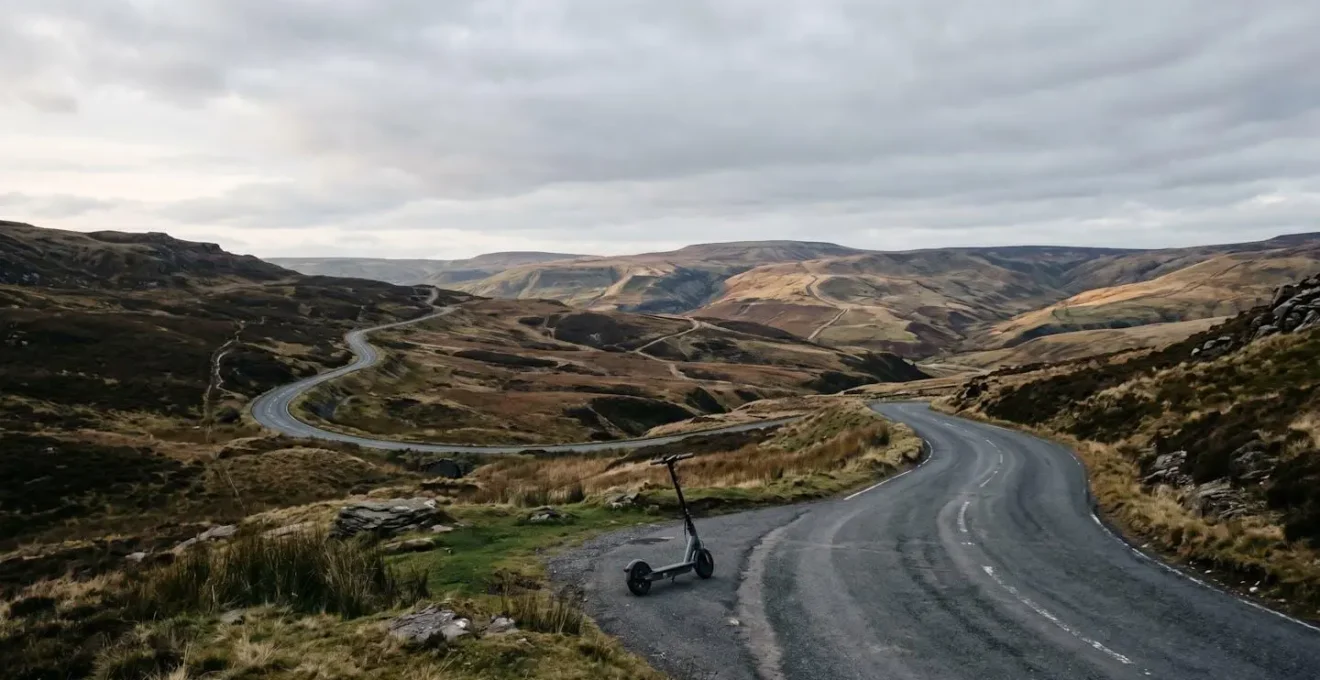 Environmental wide shot showing electric scooter on winding hill road representing journey asymmetry