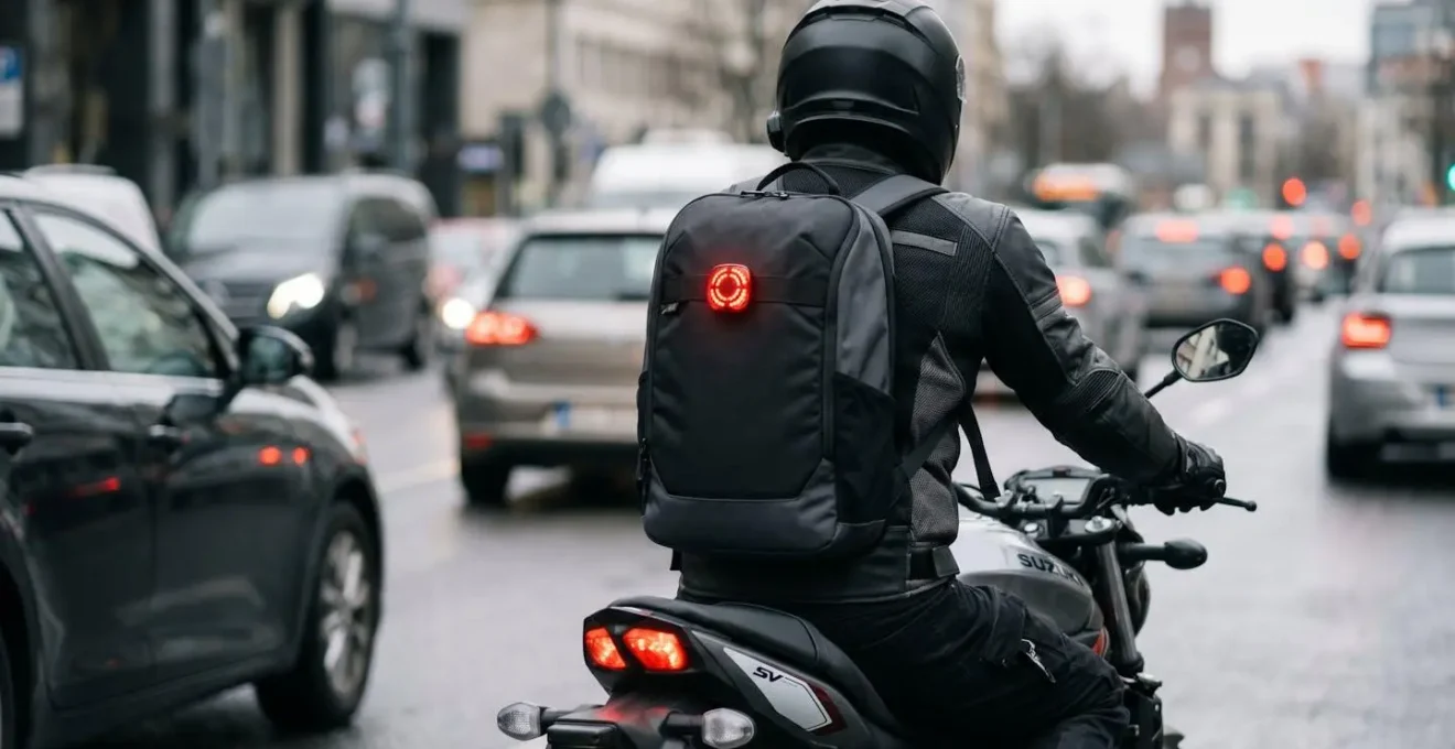 Motorcycle commuter wearing a backpack with an integrated high-mounted LED brake light positioned at driver eye level