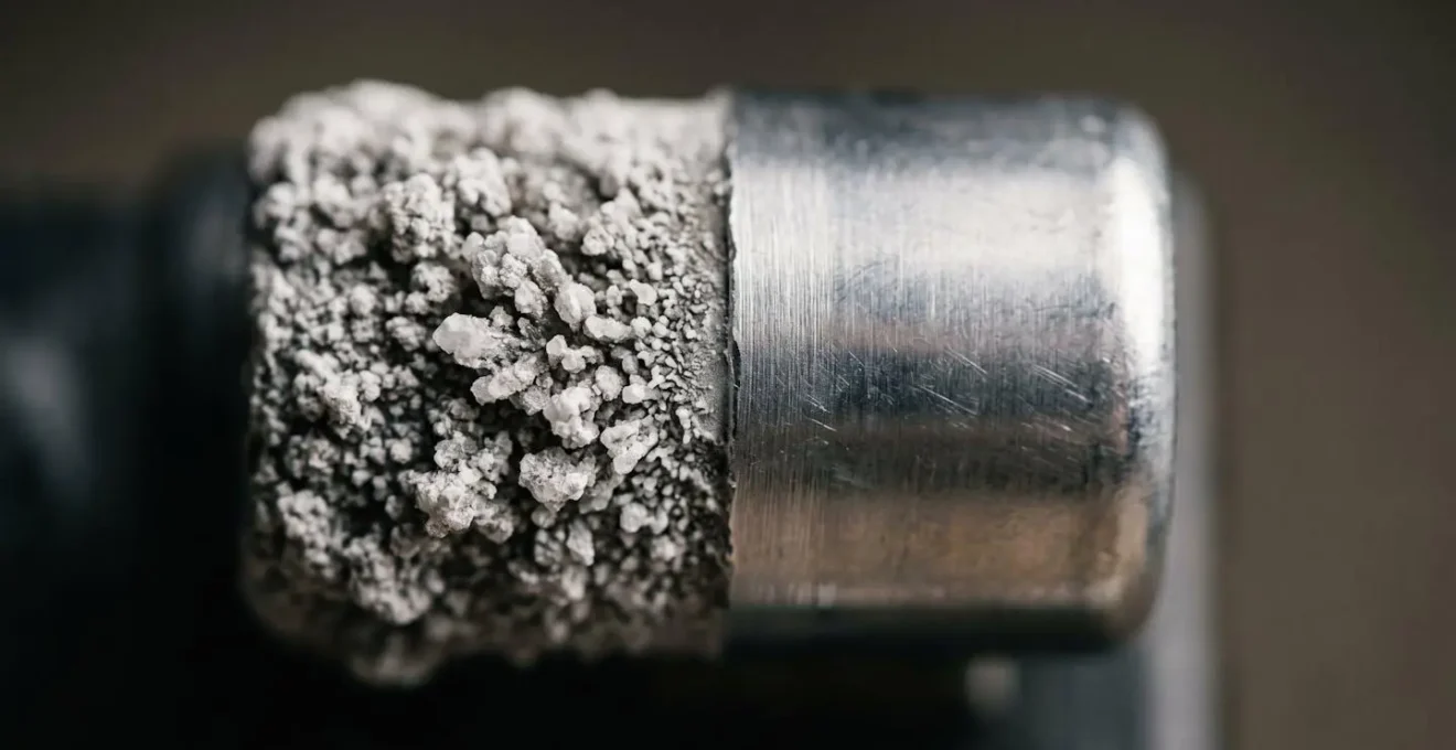 Extreme close-up macro photograph showing the crystalline structure of sulfation buildup on battery terminal versus clean terminal surface