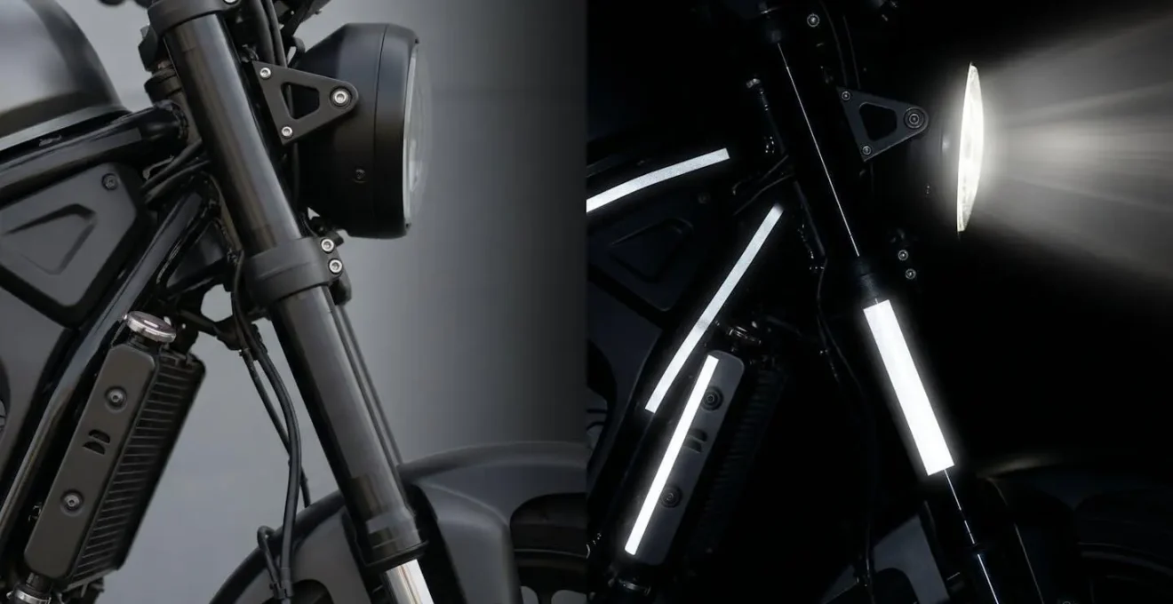 Symbolic split composition showing black reflective tape appearing dark in daylight and bright at night