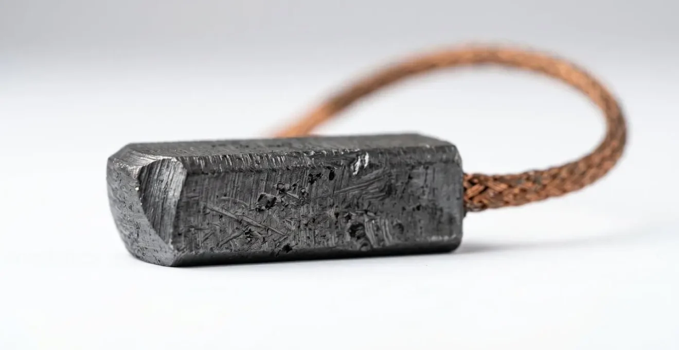 Macro photograph of a worn carbon motor brush showing graphite texture and copper wire connector against clean white background