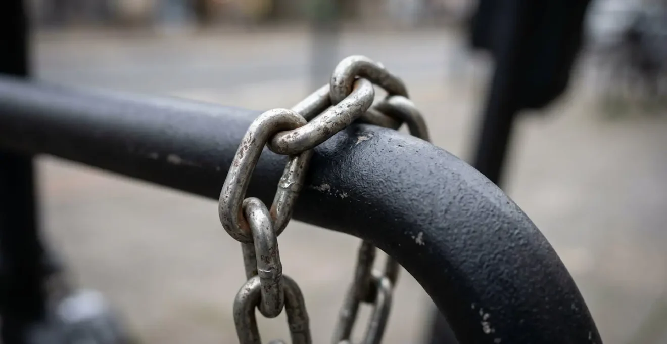 Close-up detail showing proper chain lock positioning elevated off ground through scooter frame
