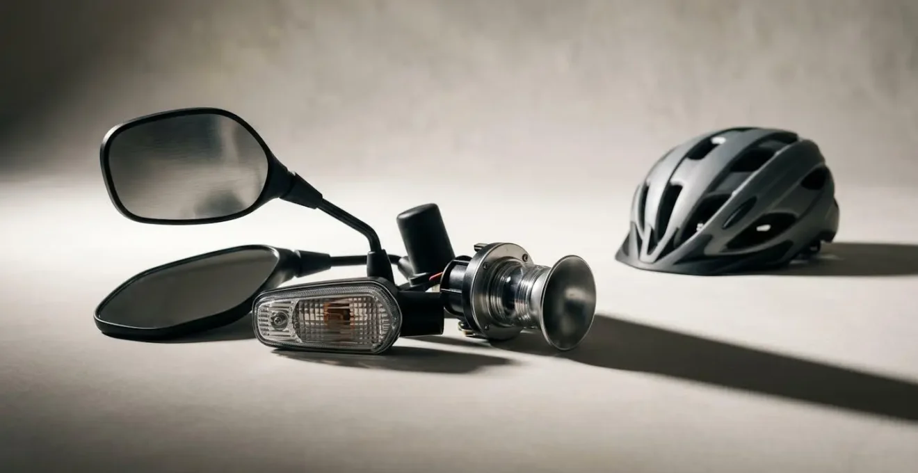 Symbolic composition showing required Class 3 mobility scooter safety equipment including lights, indicators, and mirrors without helmet mandate