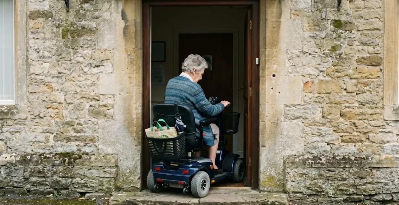 Heavy-duty mobility scooter approaching a narrow traditional doorway in a rural village setting