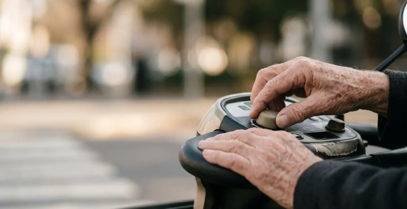 Mobility scooter control panel showing speed adjustment mechanism for transitioning between road and pavement use