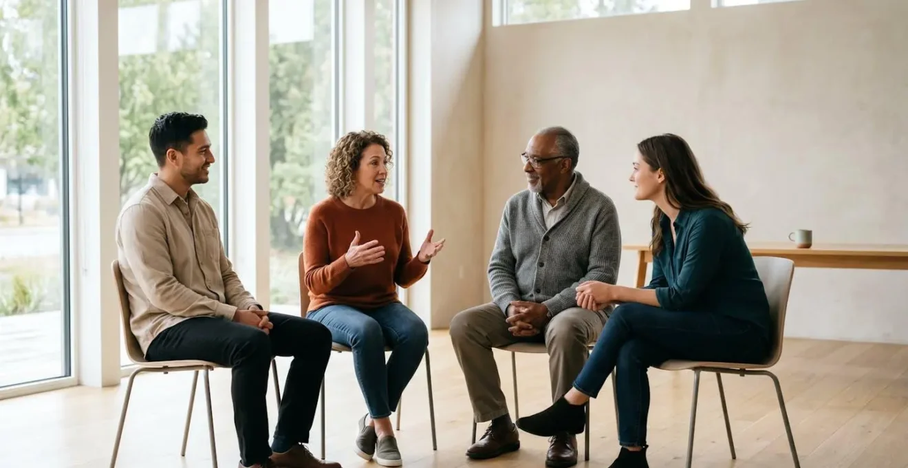 Warm indoor scene showing diverse individuals in supportive peer discussion around table