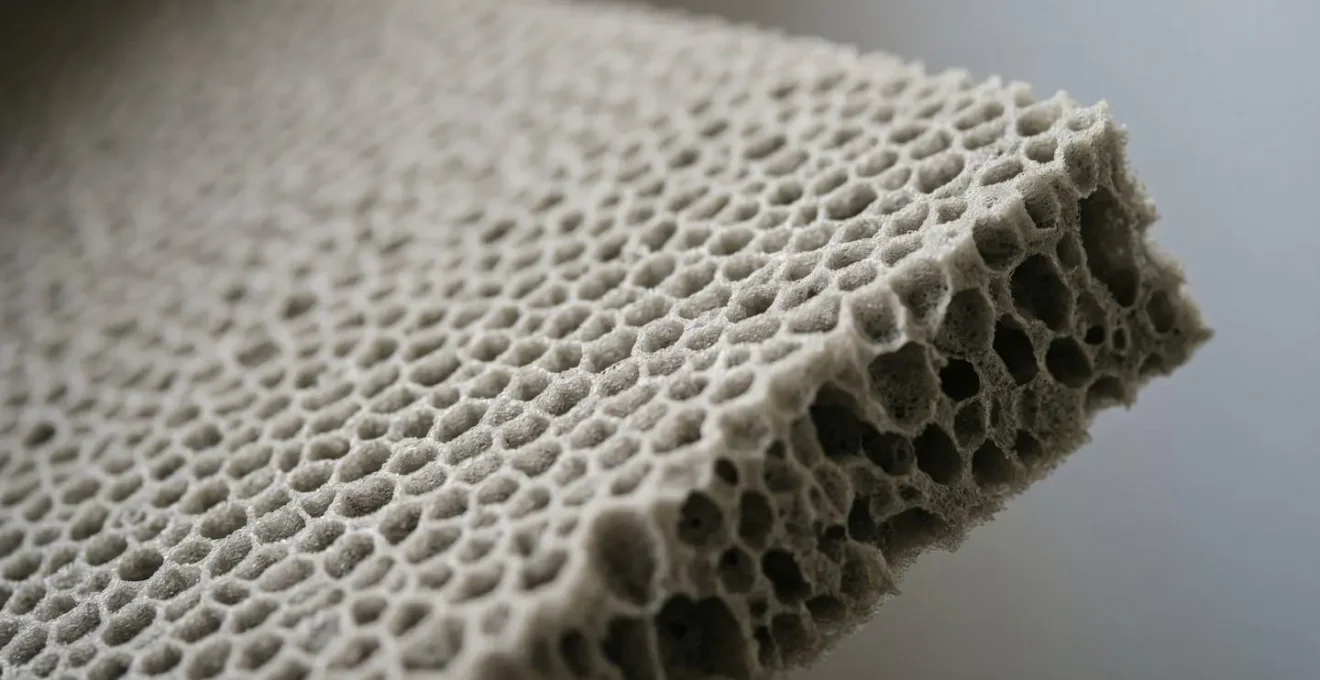 Close-up view of cushion foam material showing cellular structure and compression characteristics