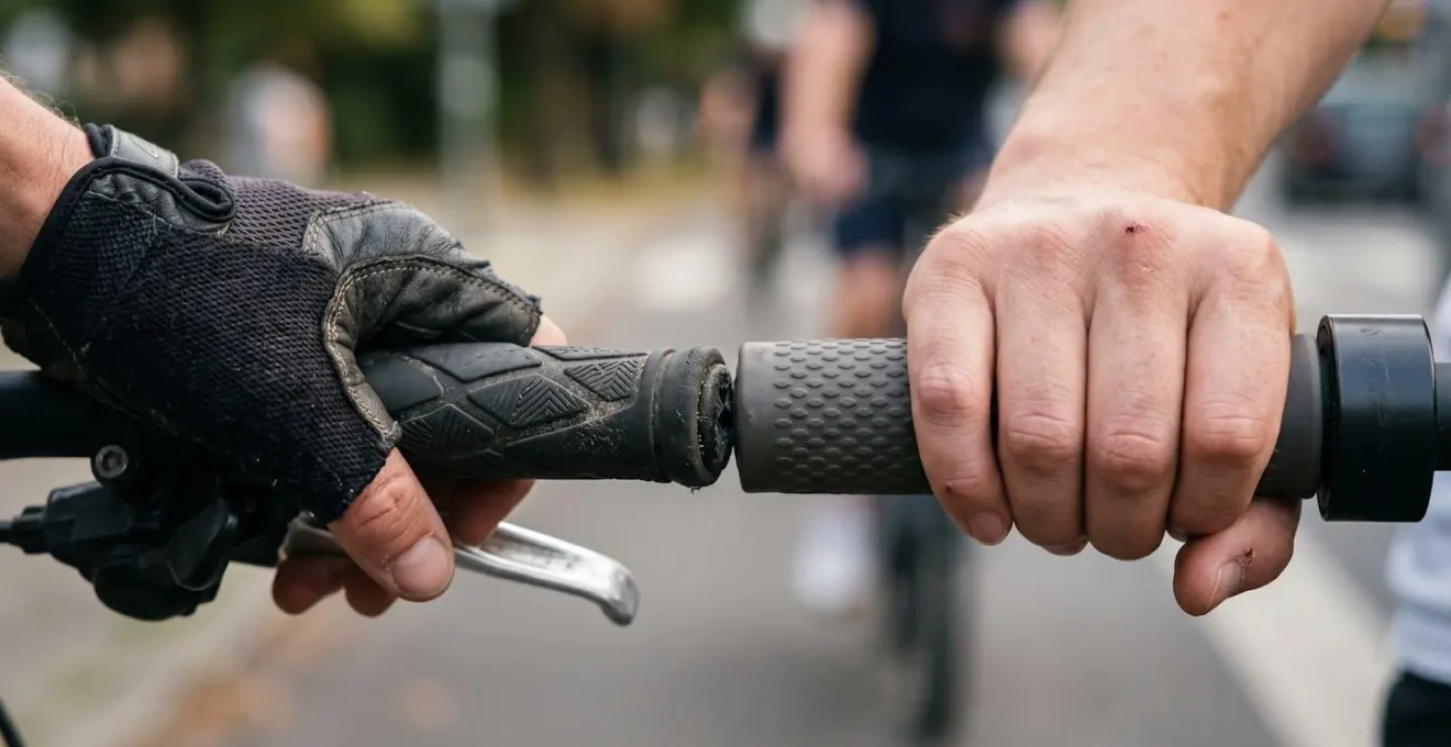 Close-up moment of cyclist and electric scooter rider passing safely on shared cycle path showing mutual awareness