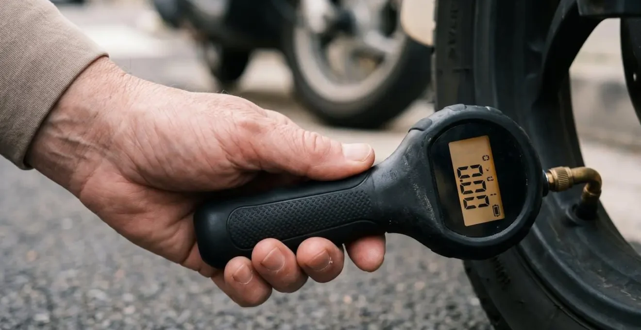 Ergonomic digital tire pressure gauge designed for users with limited hand strength showing easy-to-read display and comfortable grip