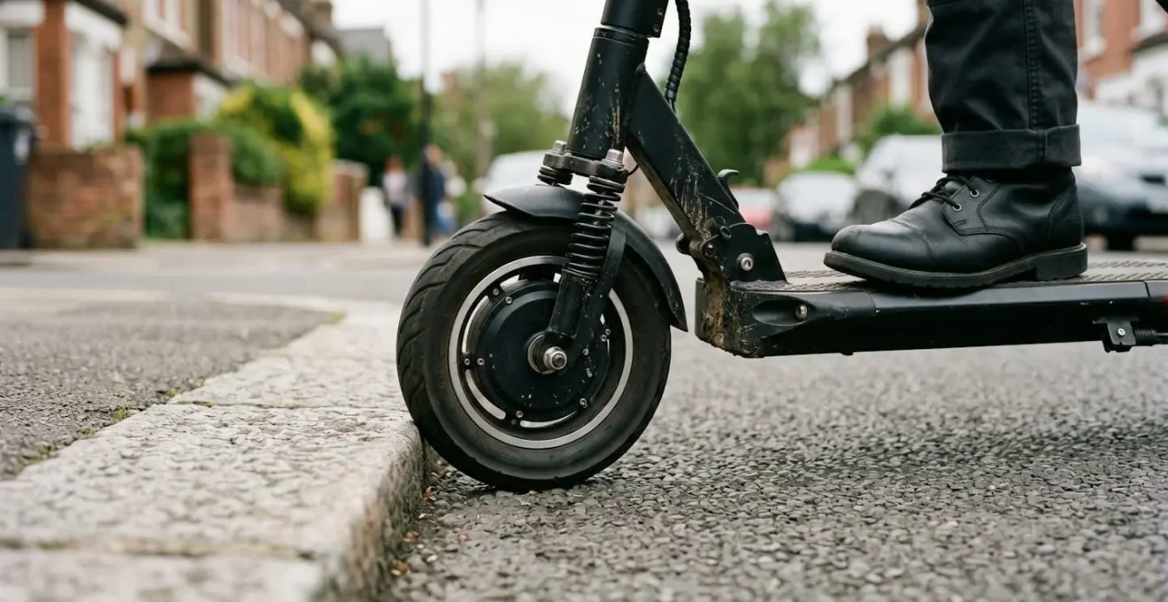 Electric scooter wheel and suspension system compressing while mounting a UK dropped kerb