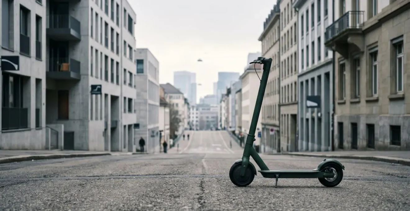 Wide environmental shot showing an urban route with visible elevation changes and a scooter