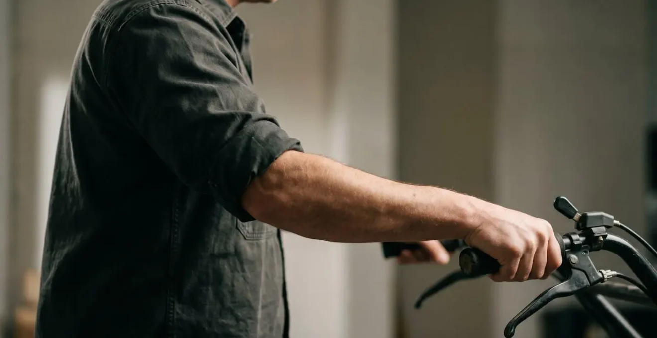 Side view demonstrating proper ergonomic posture with neutral wrist and relaxed elbow angle on mobility scooter tiller