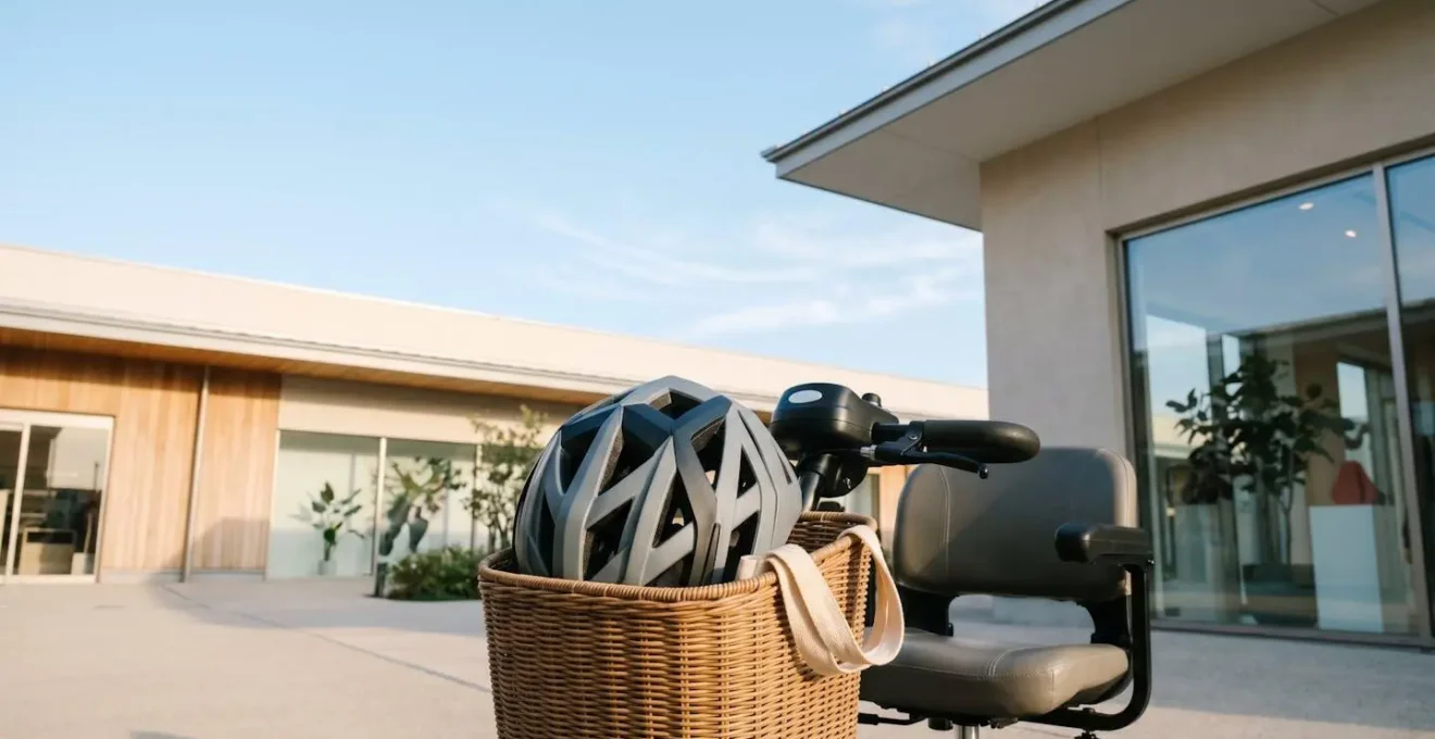 Wide environmental shot of a collapsed foldable helmet fitting easily into a mobility scooter front basket