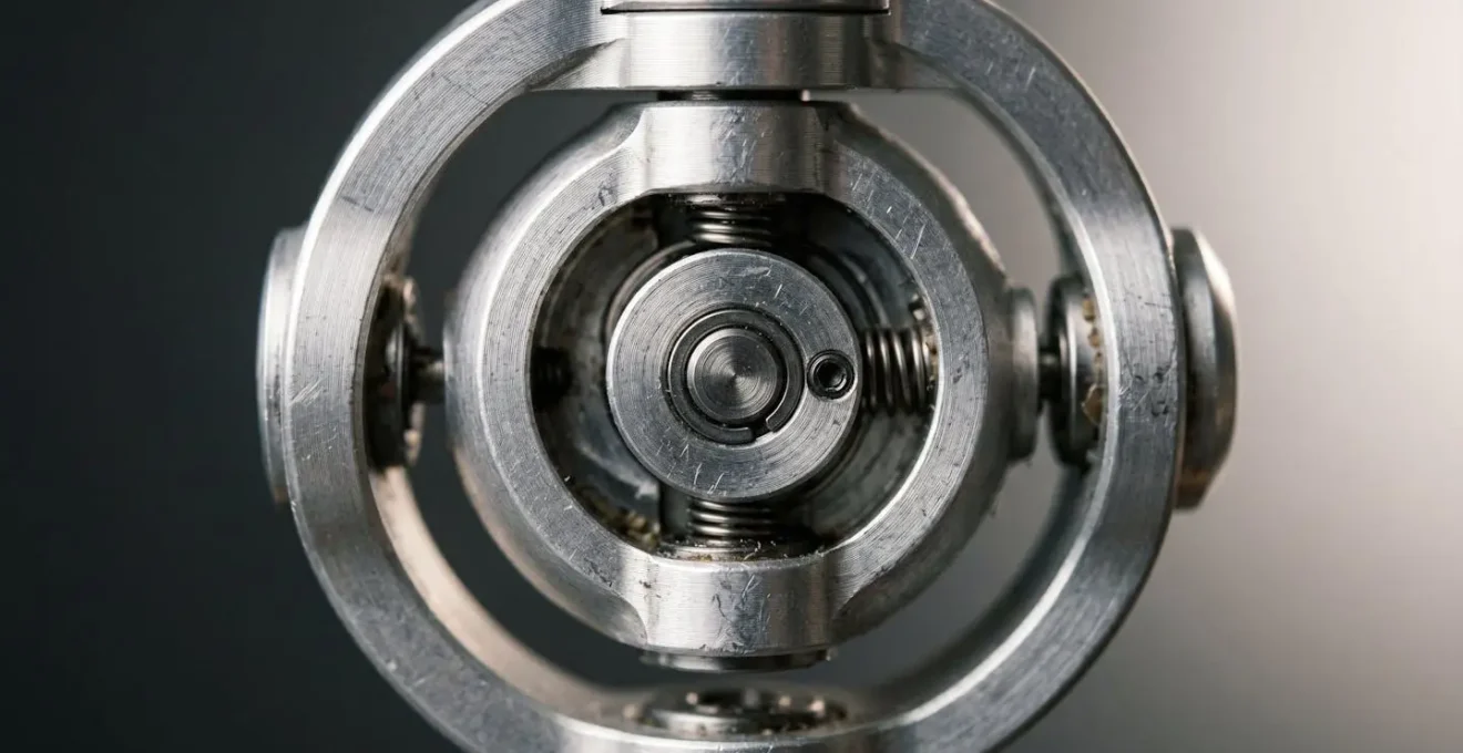 Close-up detail of gimbal mechanism showing pivot points and counterbalance motion