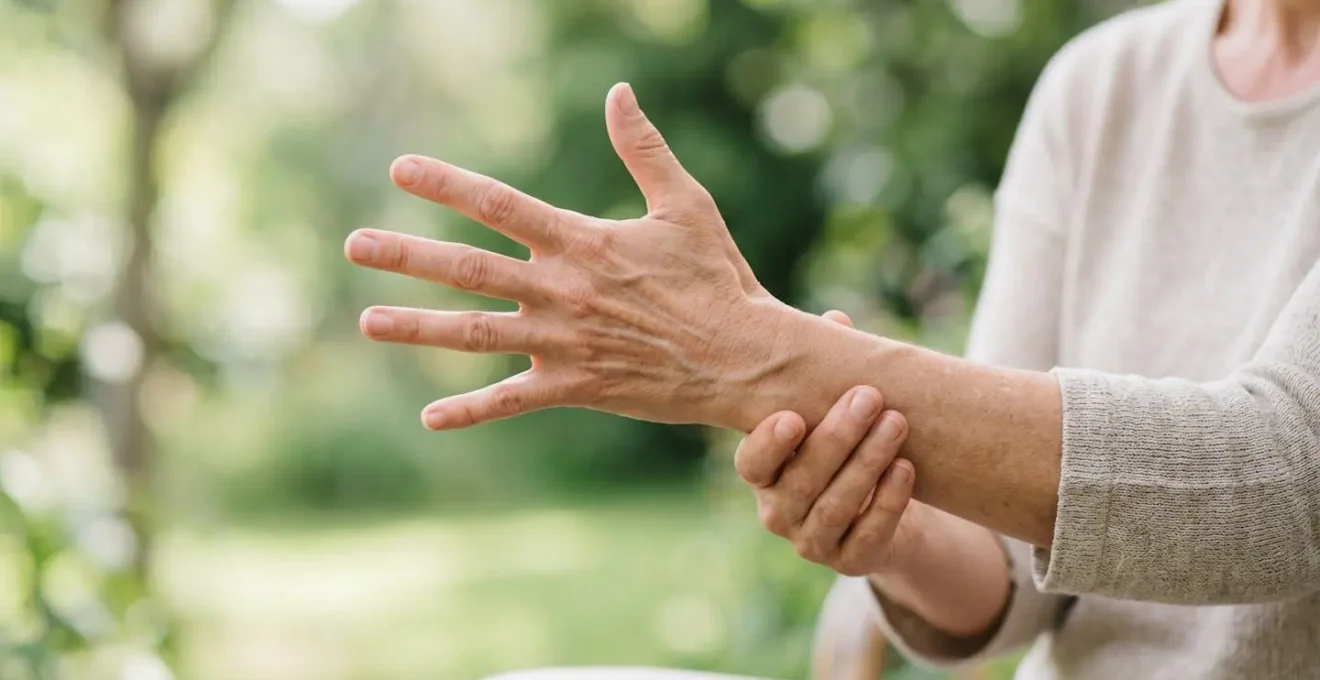 Human hands demonstrating median nerve gliding stretch with fingers extended and wrist in neutral position