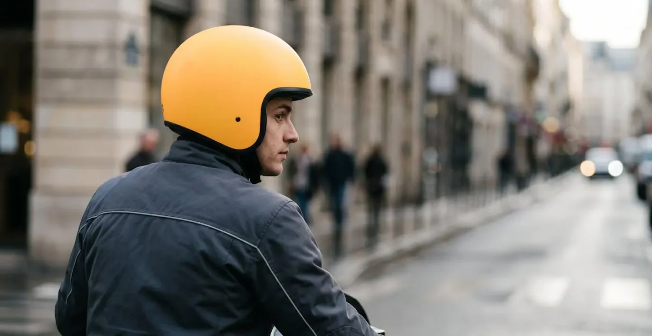 Medium shot of rider showing helmet as highest reflective point with ambient motion
