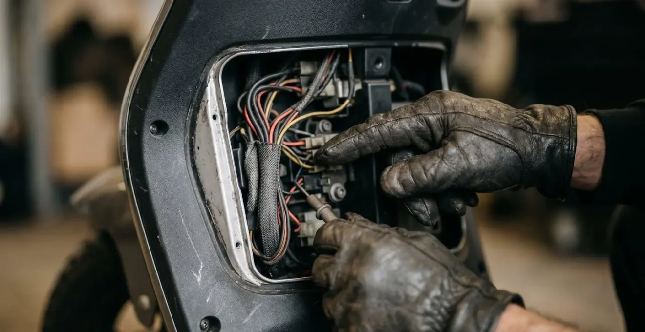 Close-up view of hands examining concealed electrical compartment on scooter frame